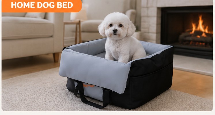 Booster seat used as a home dog bed